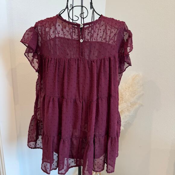 Entro Burgundy Swiss Dot Sheer Feminine Babydoll Flutter Sleeve Blouse Small - Picture 3 of 7